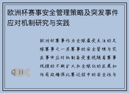 欧洲杯赛事安全管理策略及突发事件应对机制研究与实践