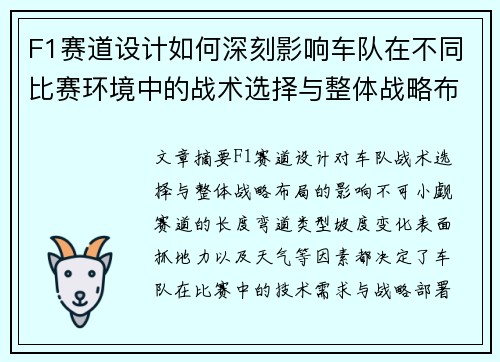 F1赛道设计如何深刻影响车队在不同比赛环境中的战术选择与整体战略布局