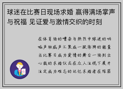 球迷在比赛日现场求婚 赢得满场掌声与祝福 见证爱与激情交织的时刻