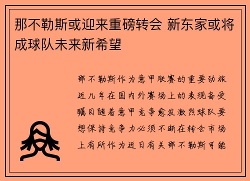 那不勒斯或迎来重磅转会 新东家或将成球队未来新希望